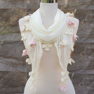 Ivory Turkish Oya Scarf: Victorian Style Lace Fringe Viscose Scarf
