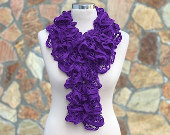 Crochet Ruffled Woman Scarf, Crochet Ruffle Scarf, Crochet Scarf, Purple