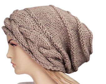 Melange Beige Slouchy Beanie: Wool Blend Winter Knit Hat