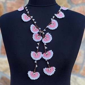 Sale-Bib Necklace With Beads, Crochet Bead Work Necklace With Natural Stone In Pink, Brown, White