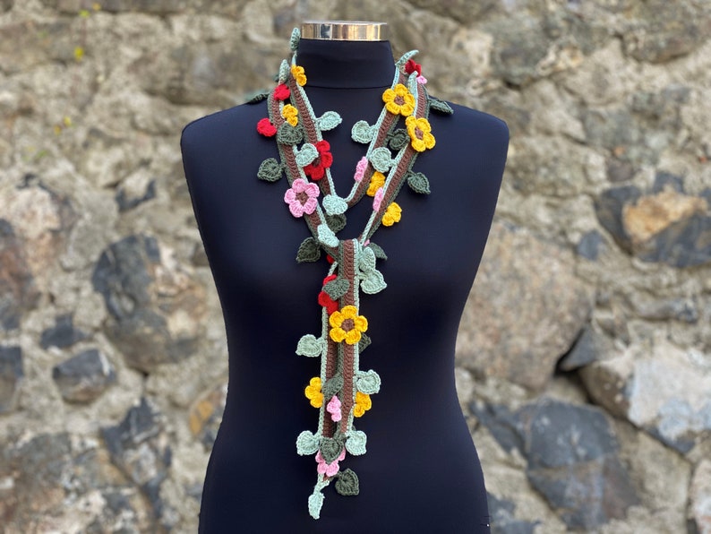 Crochet Lariat Necklace Scarf, Summer Scarf, Cotton Scarf, Colorful Flower Scarf, Woman Scarf image 3