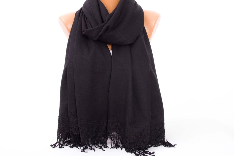 Noir épais et luxueux, foulard châle Pashmina, avec bordure de dentelle noire Français, châle de demoiselle dhonneur, cadeau de demoiselle dhonneur, noir image 2