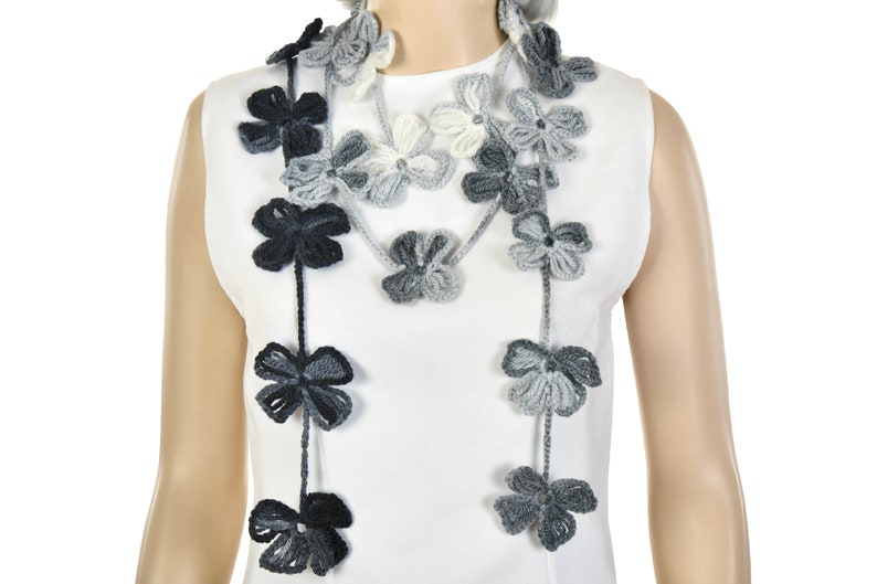 Crochet Lariat, Flower Crochet, Lariat Scarf, Black, Gray,White image 6