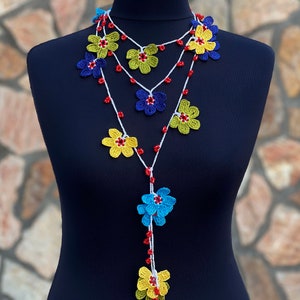 Turkish Oya Necklace, Crochet Necklace, Green Blue Shades