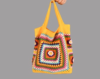 SummerTote Bag, Crochet Granny Square Shoulder Bag, Yellow, Colorful