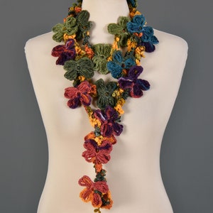 Crochet Lariat Flower Scarf, Crochet Lariat Necklace, Autumn Colors