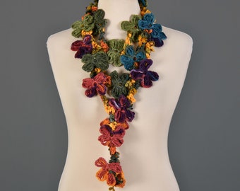 Crochet Lariat Flower Scarf, Crochet Lariat Necklace, Autumn Colors