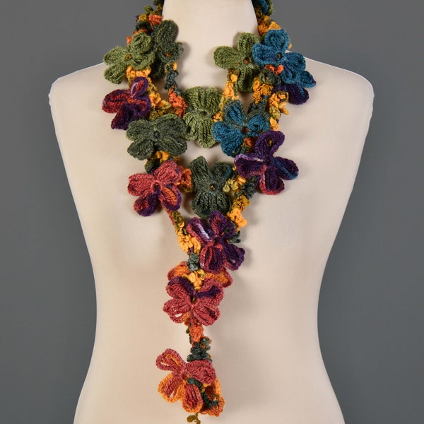 Crochet Lariat Flower Scarf, Crochet Lariat Necklace, Autumn Colors