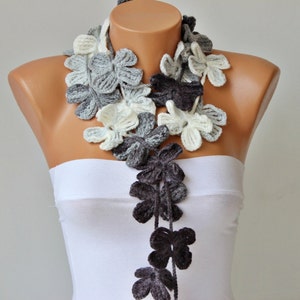 Crochet Lariat, Flower Crochet, Lariat Scarf, Black, Gray,White image 5