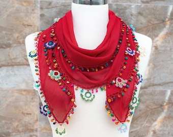 Turkish Oya Scarf: Hand Crocheted Deep Red Viscose Lace Scarf