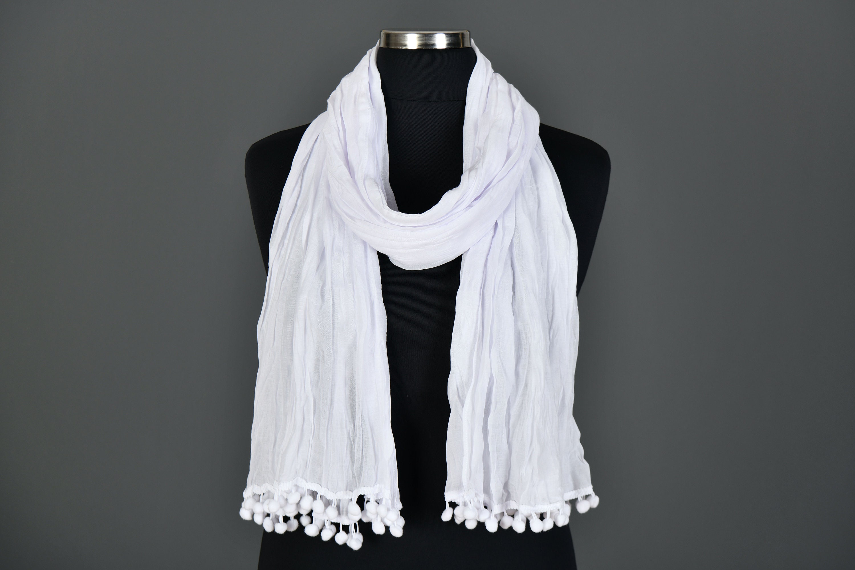 Cotton Lightweight White Summer Scarf Crinkled Cotton Scarf Pom