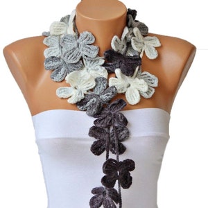 Crochet Lariat, Flower Crochet, Lariat Scarf, Black, Gray,White image 3