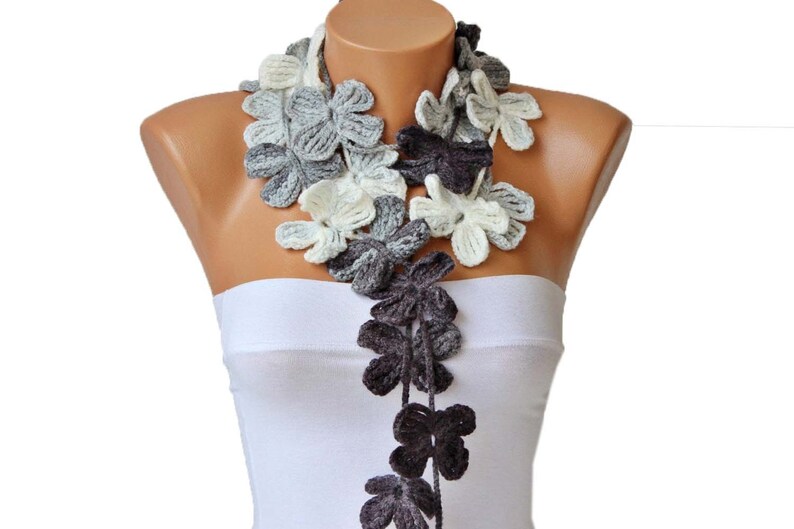 Crochet Lariat, Flower Crochet, Lariat Scarf, Black, Gray,White image 3