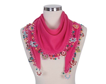 Turkish Oya Scarf, Woman Summer Scarf, Hand Crocheted Lace Scarf, FUCHSIA