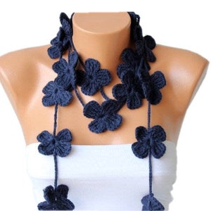 Crochet Lariat Flower Scarf, Crochet Necklace Scarf, Navy COLOR OPTION AVAILABLE image 1