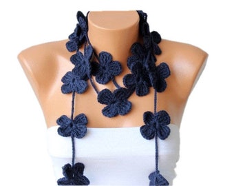 Crochet Lariat Flower Scarf, Crochet Necklace Scarf, Navy - COLOR OPTION AVAILABLE