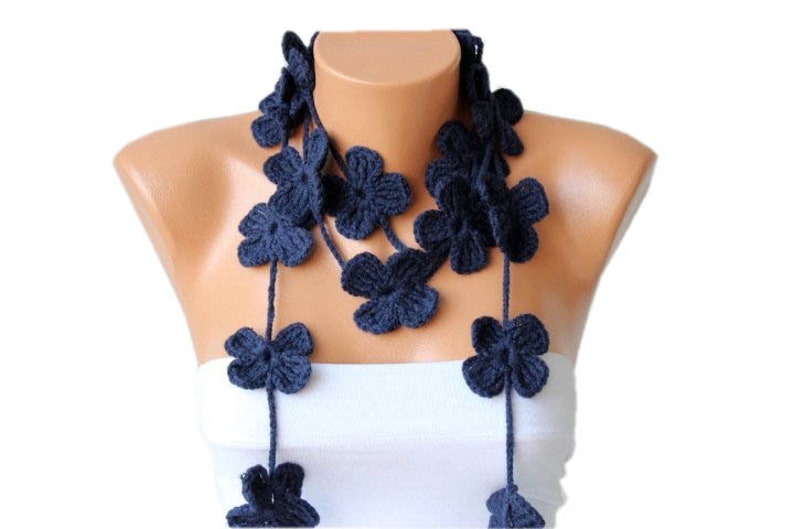 Crochet Lariat Flower Scarf, Crochet Necklace Scarf, Navy COLOR OPTION AVAILABLE image 1