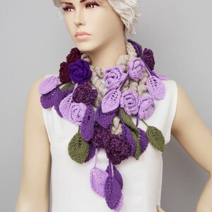 Crochet Lariat Scarf, Flower Crochet Scarf, Purple, Lilacs, Unique image 5