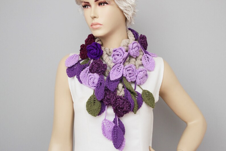 Crochet Lariat Scarf, Flower Crochet Scarf, Purple, Lilacs, Unique image 5