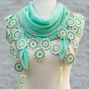 Turkish Oya Scarf, Summer Scarf, Hand Crocheted Lace Tassel, Mint Green