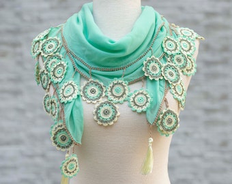 Turkish Oya Scarf, Summer Scarf, Hand Crocheted Lace Tassel, Mint Green