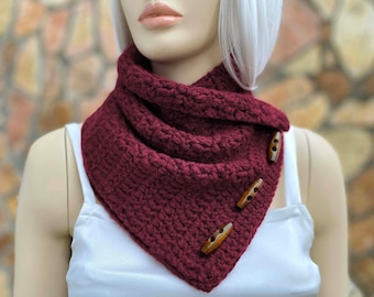Crochet Neck Warmer Scarf, Knit Scarf, Woman Scarf, Crochet Scarf With Wooden Buttons, Bordeaux, WITH COLOR OPTION