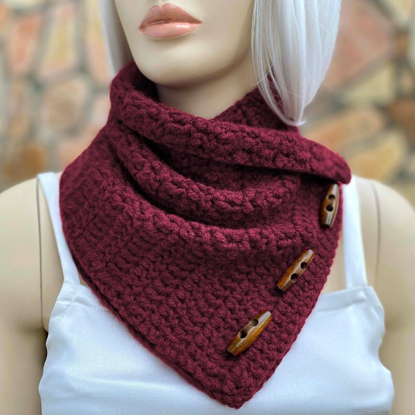 Crochet Neck Warmer Scarf, Knit Scarf, Woman Scarf, Crochet Scarf With Wooden Buttons, Bordeaux, WITH COLOR OPTION