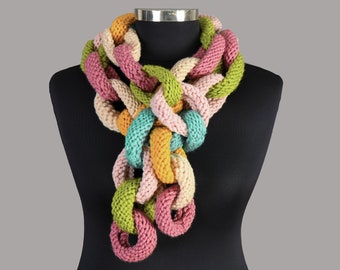Crocheted Lariat Scarf, Knit Chain Ring Hoop Necklace Lariat Scarf, Long Lariat Scarf, Colorful