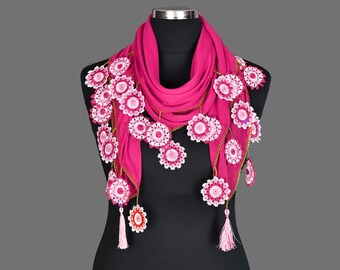 Turkish Oya Scarf, Summer Scarf With Hand Crocheted Lace Circles And Tassel, Fuchsia