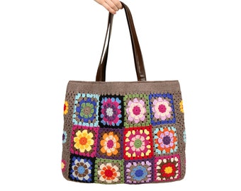 Tote Bag,Crochet Chunky Granny Square Shoulder Bag, Mocha,Brown