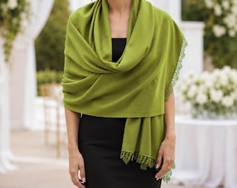 Lime Green Viscose Pashmina Shawl with Lace Trim, Elegant Evening Dress Wrap