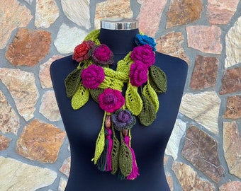 Crochet Lariat Flower Scarf, Crochet Necklace Scarf
