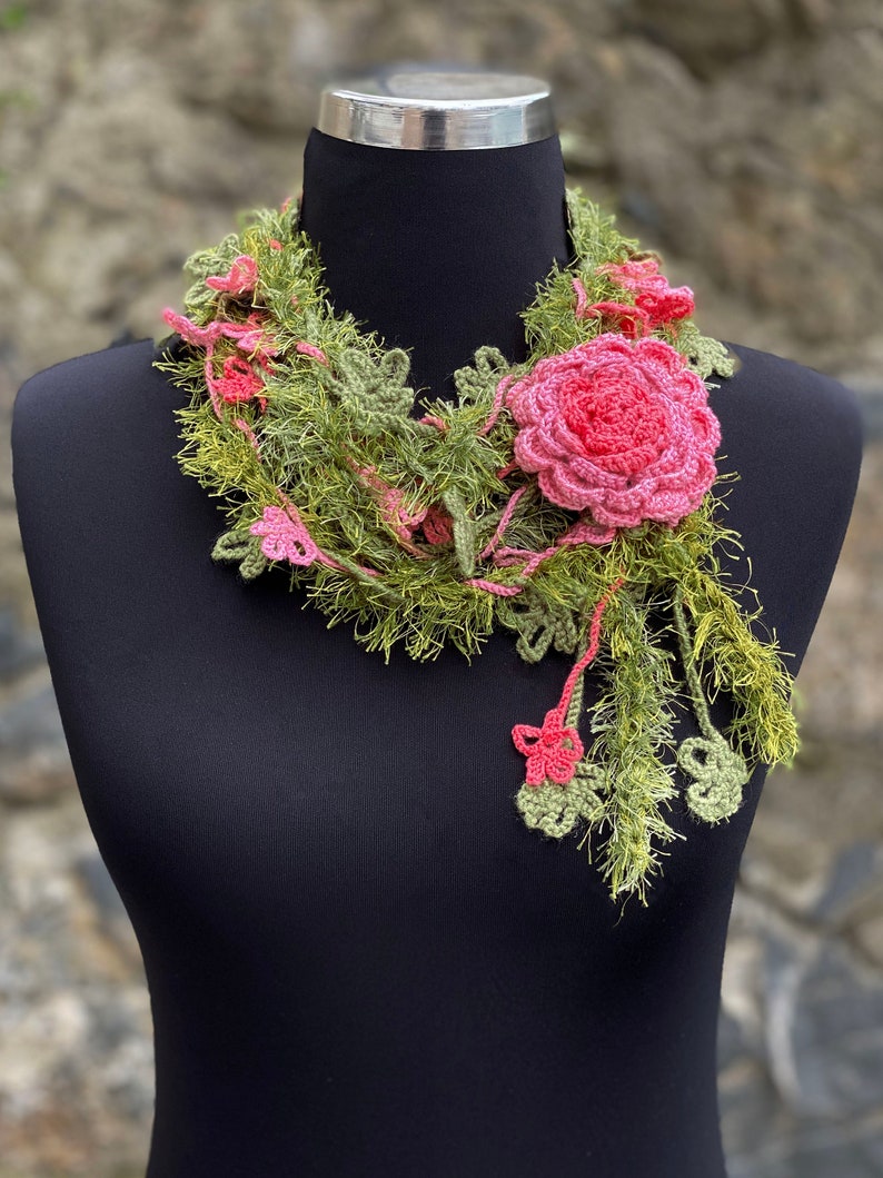 Flower Crochet Lariat Scarf, Lariat Crochet Jewelry, Flower Wrap Scarf, Woman Necklace image 3