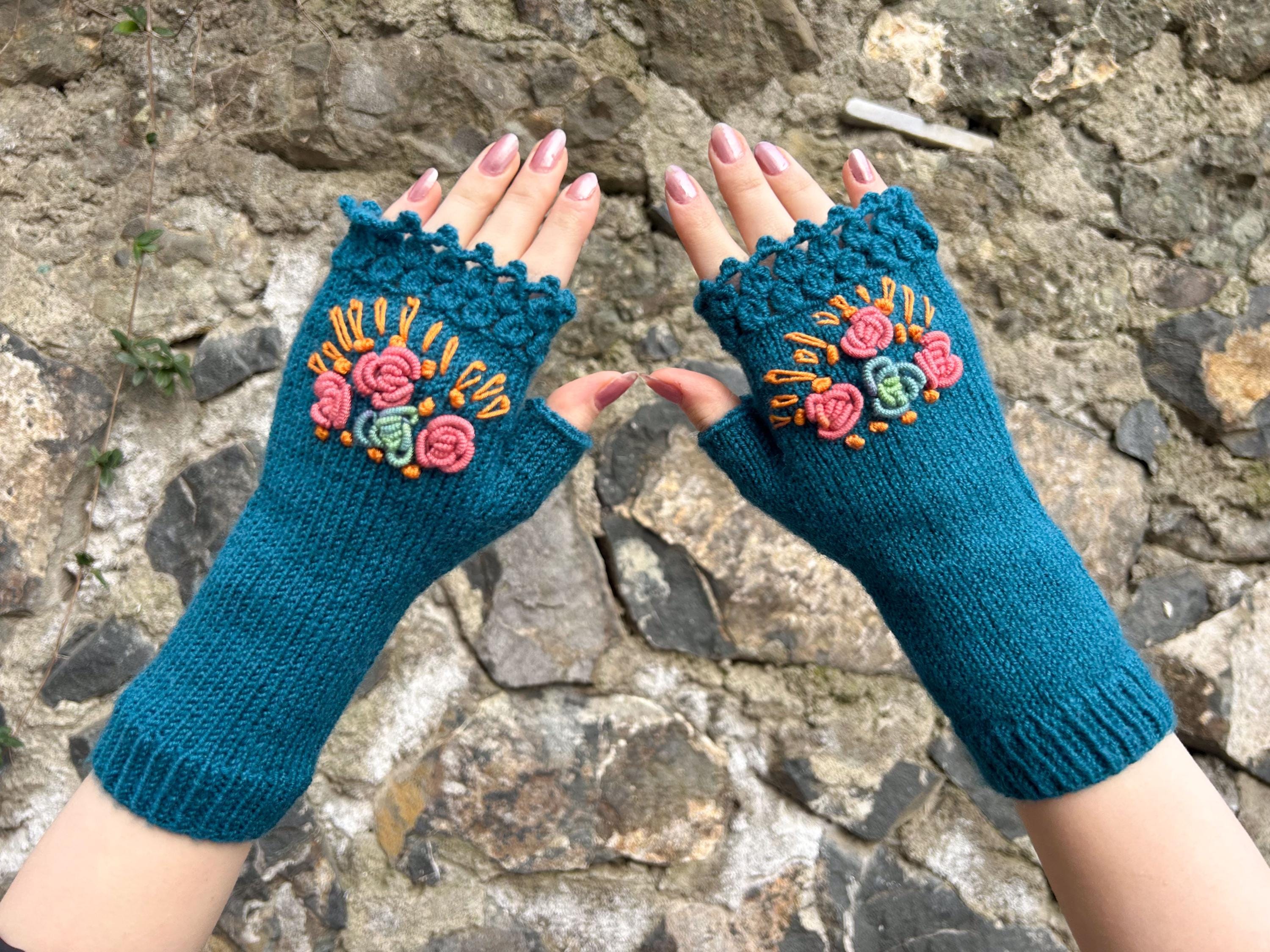 Embroidered Winter Woman Knit Fingerless Gloves in Teal Green, a