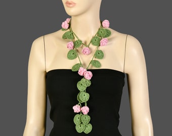 Crochet Lariat Necklace Jewelry, Pink Rose Crochet Lariat Scarf, Crochet Flower Necklace, Green Pink