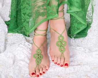 Crochet Barefoot Sandals, Bridesmaid gift, Barefoot sandles, Beach, Anklet,  Summer shoes,green