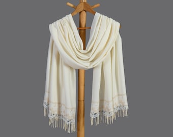 Châle pashmina épais, avec bordure en dentelle française, châle de demoiselle d'honneur, cadeau de demoiselle d'honneur, ivoire