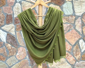 Thick Bridesmaid Pashmina Shawl, Pashmina Scarf Shawl, With Handmade Needle Lace, Green, Moss green, Olive Green