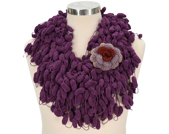 Crochet Lariat Scarf,  Chain Scarf, Lariat Scarf With Flower Brooch