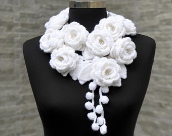 Crochet Flower Lariat Scarf, Crochet White Scarf, White Flower Scarf, Beaded Scarf