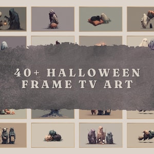 Puede incluir: Una colección de impresiones de arte digital con temática de Halloween para pantallas de TV. Las obras de arte presentan varios personajes y escenas espeluznantes, incluyendo fantasmas, búhos y calabazas. El texto "40+ Halloween Frame TV Art" se muestra.