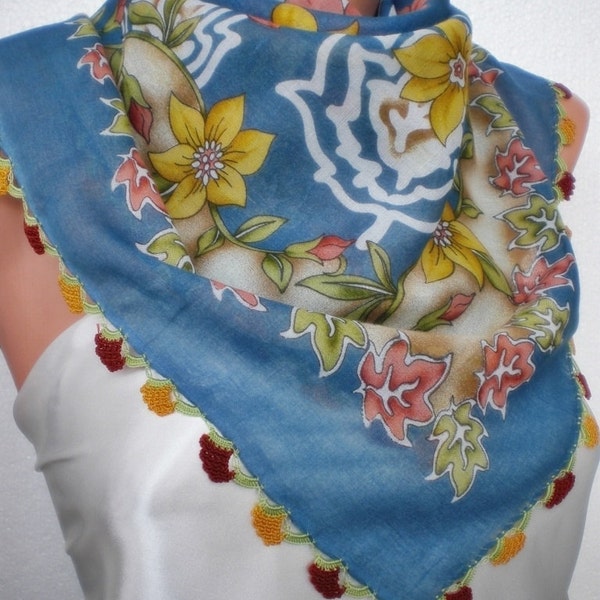 My little lovely flowers...Scarf yemeni oya-Blue red yellow