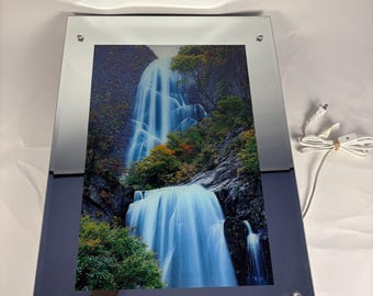 Vintage Motion Waterfall Light Box – Moving Illuminated Wall Art w/ Sound – Backlit Glass Nature
