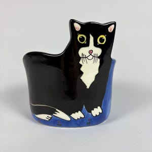 May include: A ceramic cat-shaped container, primarily black with white markings on the face and chest. The cat sits on a blue base with floral accents. The container has a glossy finish and a whimsical design.