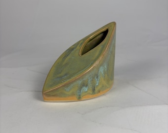 Mid Century Modern Ceramic Vase – Abstract Leaf Shape Planter – Vintage Studio Pottery – Green Blue Drip Glaze