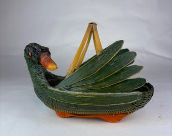 Cesta vintage tejida con forma de cisne, maceta de mimbre verde con forma de ganso, cesta para pájaros tejida a mano, estilo bohemio cottagecore.