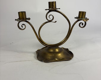 Vintage Hand Hammered Brass Candelabra Signed - Three Arm Candle Holder, Mid Century Modern - Lightweight