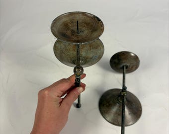 Vintage Pair of Adjustable Metal Wall Candle Sconces | Rustic Verdigris Patina | Made in India