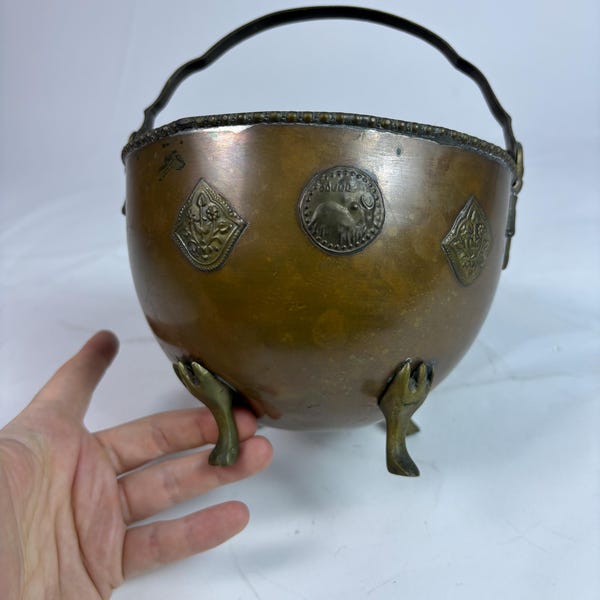 Vintage Brass Bowl Cauldron Footed Basket With Handle Elephant Medallion Boho Decor