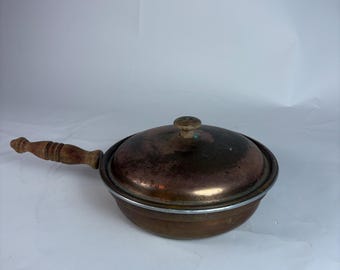 Vintage Copper Pan with Lid & Wooden Handle | Rustic Copper Cookware